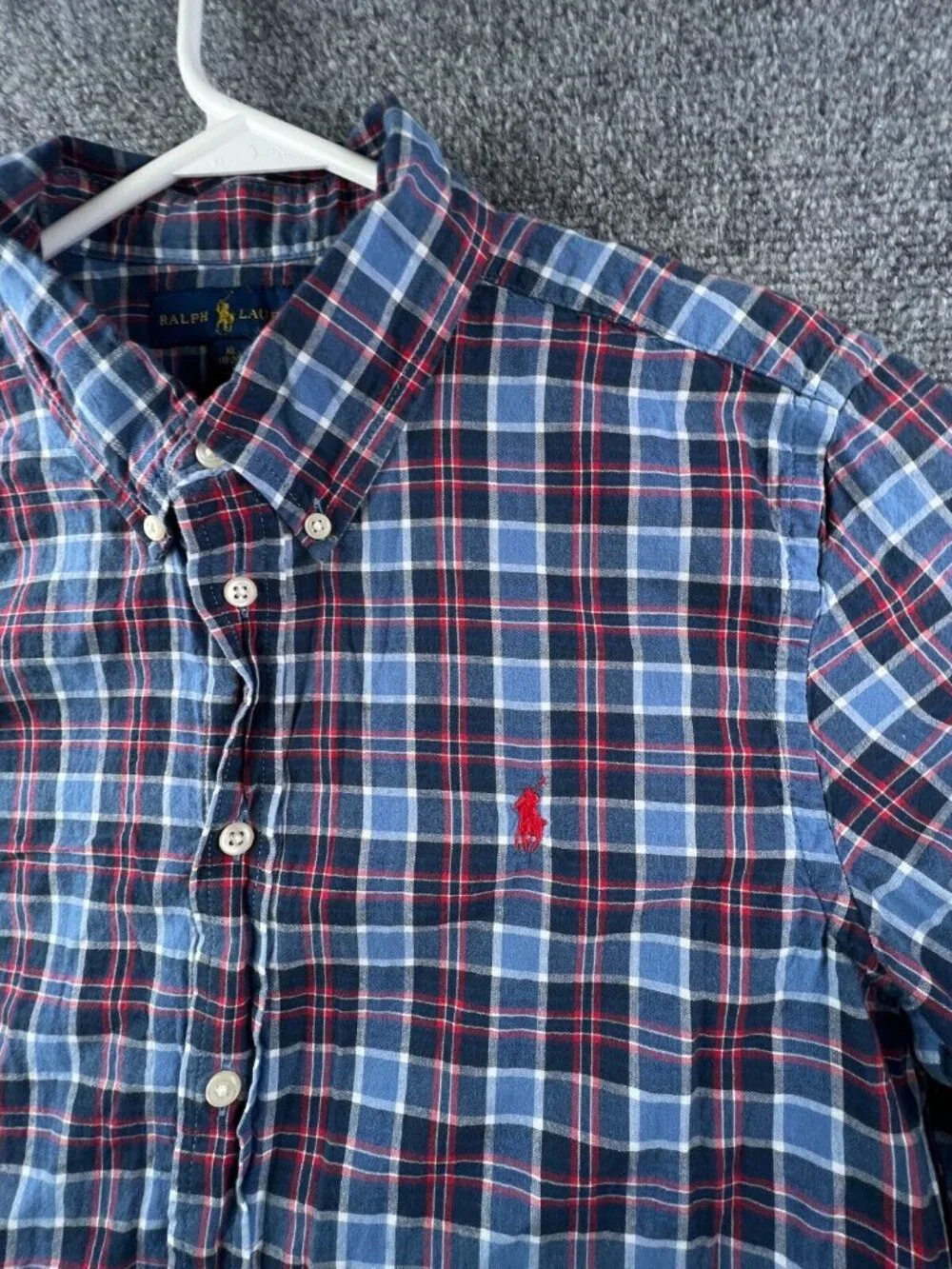 Ralph Lauren Boys Button Up Shirt Short Sleeve Blue Red Plaid XL 18-20 Cotton